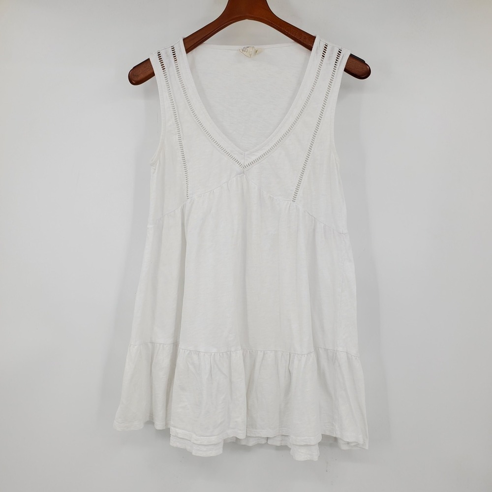 White Crow Sleeveless V-Neck Babydoll Top White Ladder Lace Tiered Small Boho